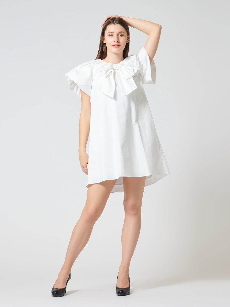 Big Bow Detailed Cap Sleeve Solid Dress