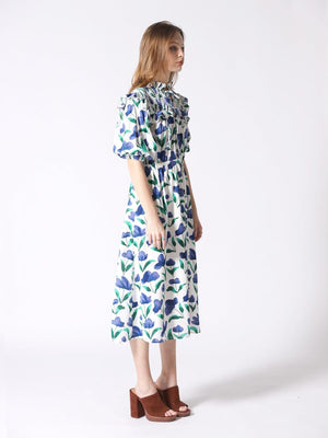 Elasticated Runch Collar Flower Print Midi Dress