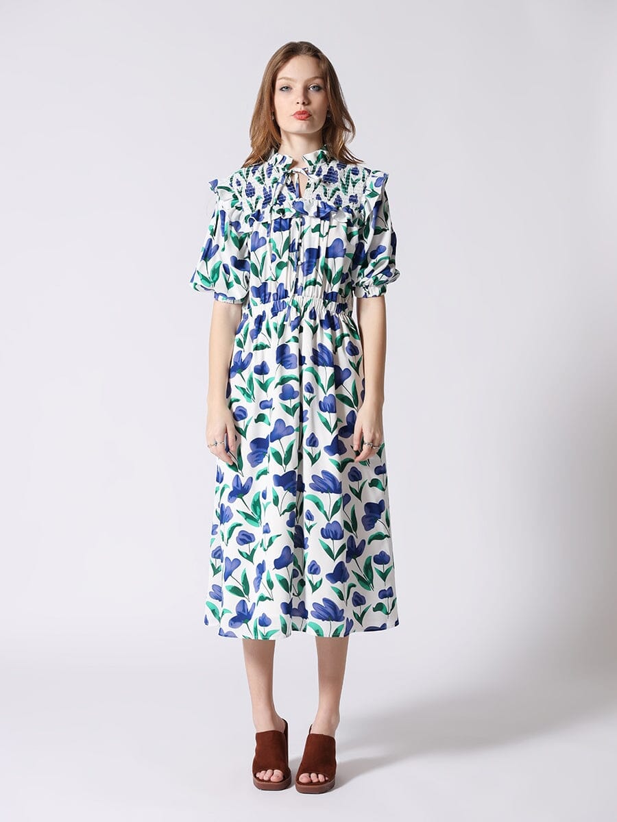 Elasticated Runch Collar Flower Print Midi Dress