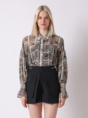 Houndstooth Pattern Printed Beshop Sleeves Blouse