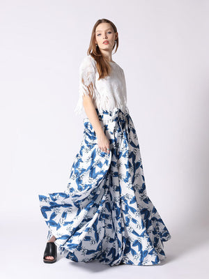 Leaf and Flower Print Maxi Skirt with Waist Ribbon