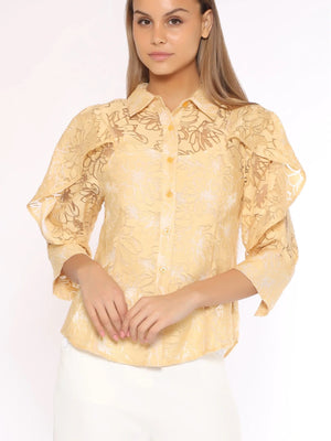 Sheer Collared Shirt with Ruffle Details