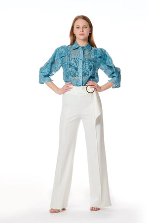 Sheer Collared Shirt with Ruffle Details