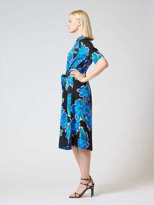 Collarless Waist-Tie Midi Printed Shirt Dress