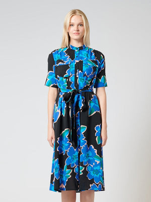 Collarless Waist-Tie Midi Printed Shirt Dress
