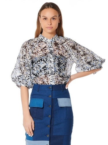 Sheer Floral-Print Puff Sleeve Button Down Top