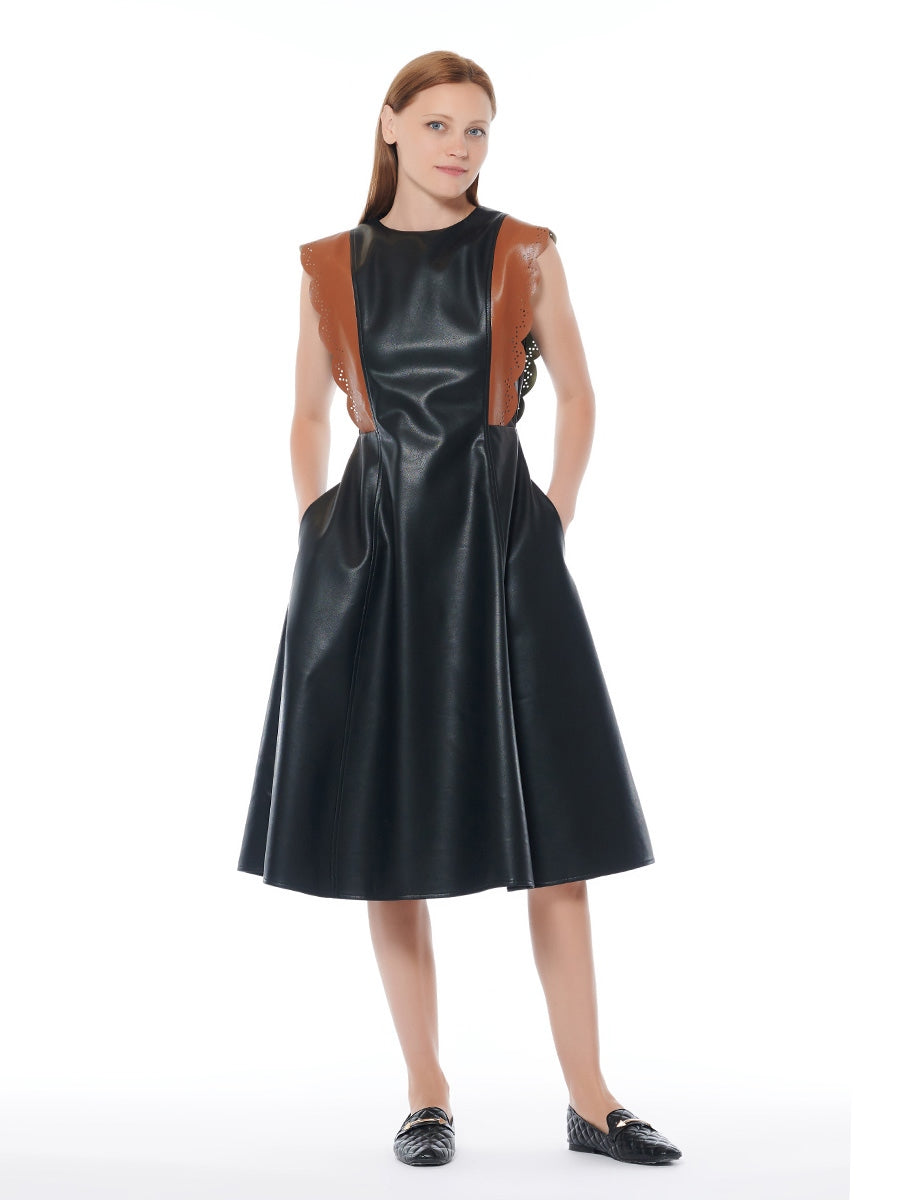 Sleeveless Contrast Trim A-line Pleather Midi Dress